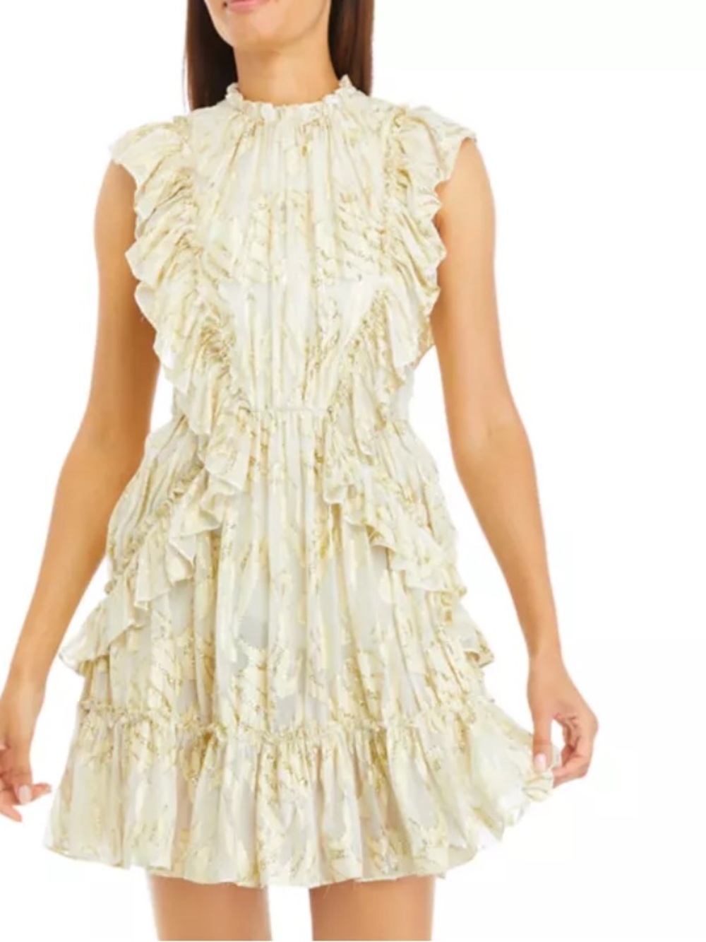 Parker The Brooke Cream Metallic Print Ruffle Mini Dress Size 12 NWT